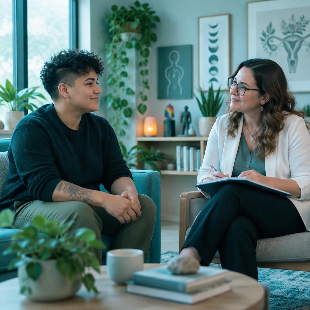 A wellness clinician meeting with a client in an affirming care setting